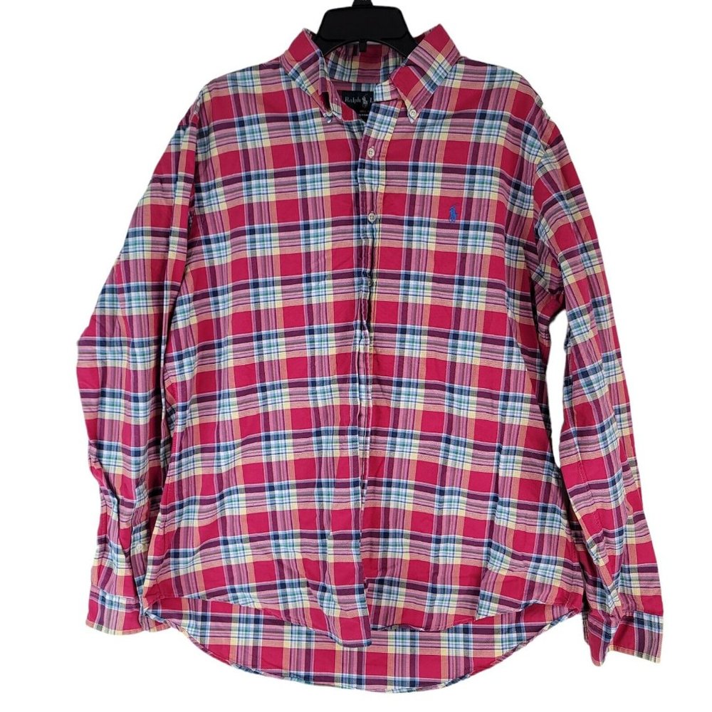 Vintage Ralph Lauren Shirt XL Custom Fit Plaid Flannel Button Down Blue Label